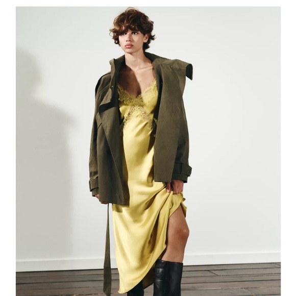 ZARA Lemon Satin Slip Dress with Lace Trim - Picture 9 of 9